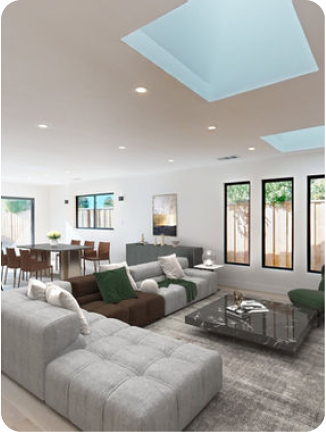 Modern Bay Area living room with skylights and sofas. Built by Sigura Construction, designed in San Jose.