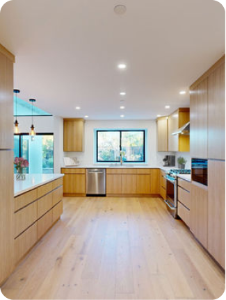 Bay Area modern kitchen with wooden cabinets and new flooring.